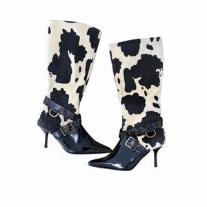 Colin Stuart Knee High Boots Womens 8B Black & White Cow Print Pointed Toe